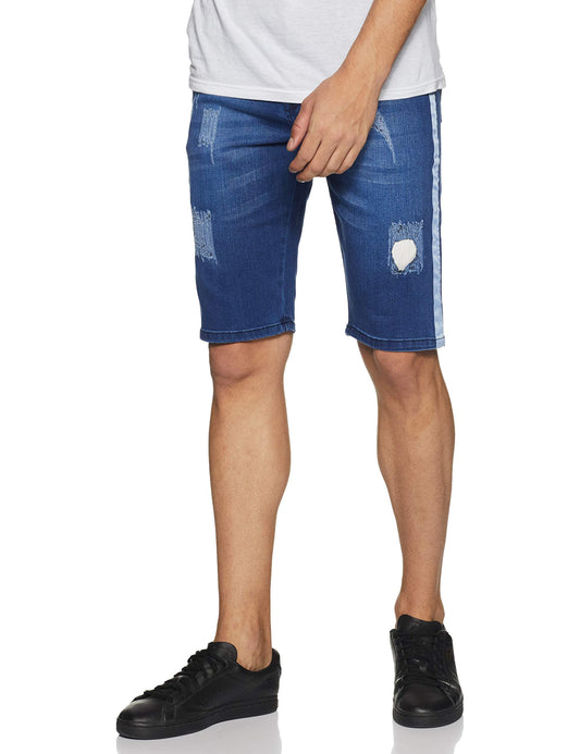 Campus Sutra Mens Classic Blue Medium-Washed Distressed Side Striped Regular Fit Denim Shorts | Mid-Rise Stretchable Cotton Deni