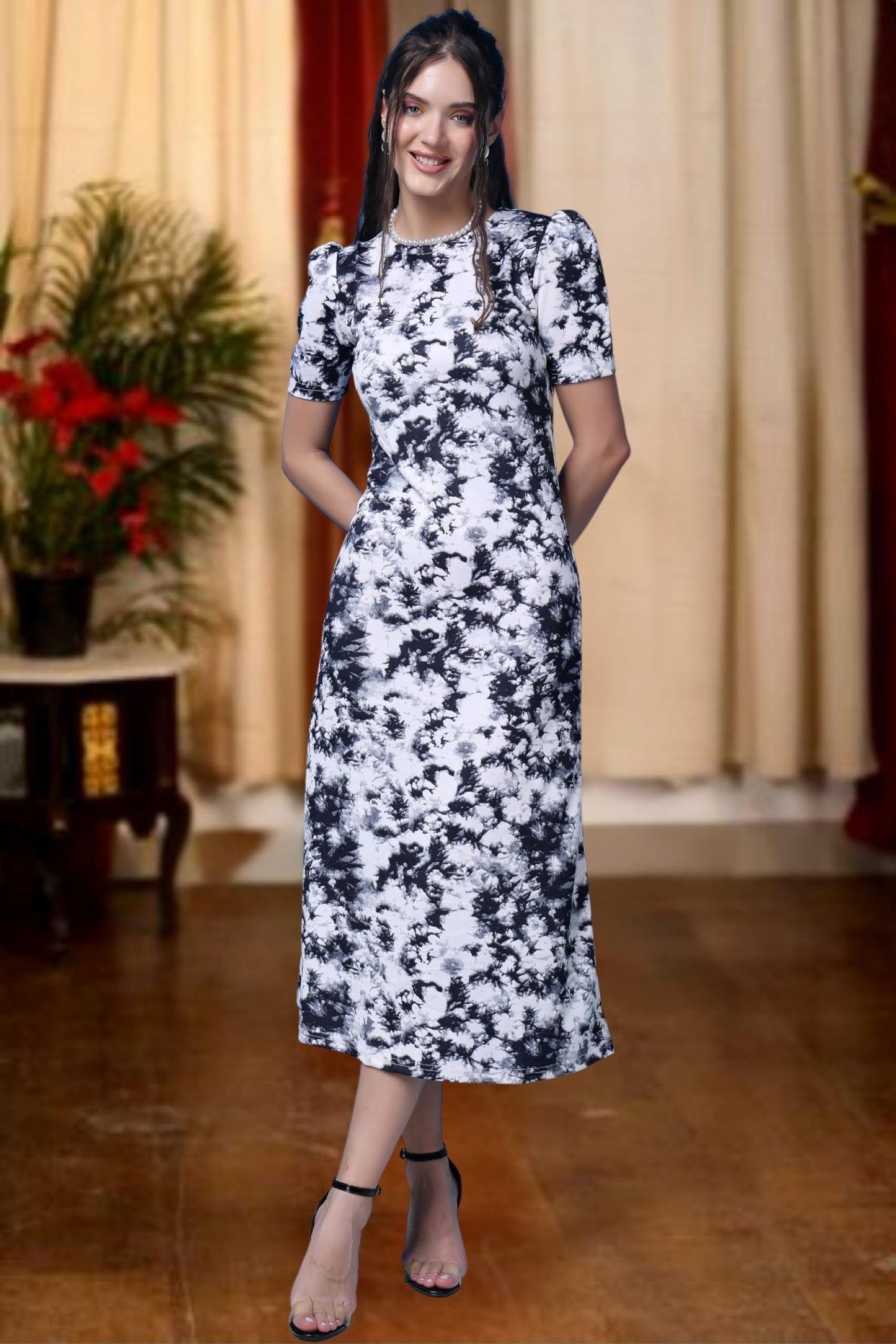 Popwings Casual Abstract Printed Midi Dress For Women | Half-Sleeves Long Dress For Women | Round-Neck Women Stylish Dress