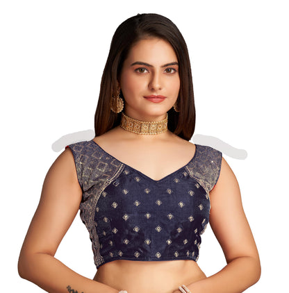 Pujia Mills WomenS Sequin Embroidered V Neck Sleeveless Navy Blue Readymade Saree Blouse Indian Ethnic Stitched Padded Blouses