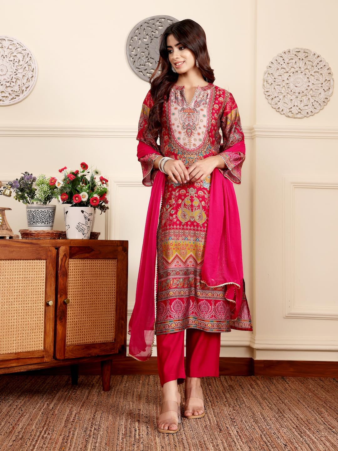 Varanga Women Pink Ethnic Floral Printed Gota Embellished Flared Sleeve Kurta With Solid Trouser & Dupatta  Stylish Ethnic Set (