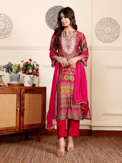 Varanga Women Pink Ethnic Floral Printed Gota Embellished Flared Sleeve Kurta With Solid Trouser & Dupatta  Stylish Ethnic Set (