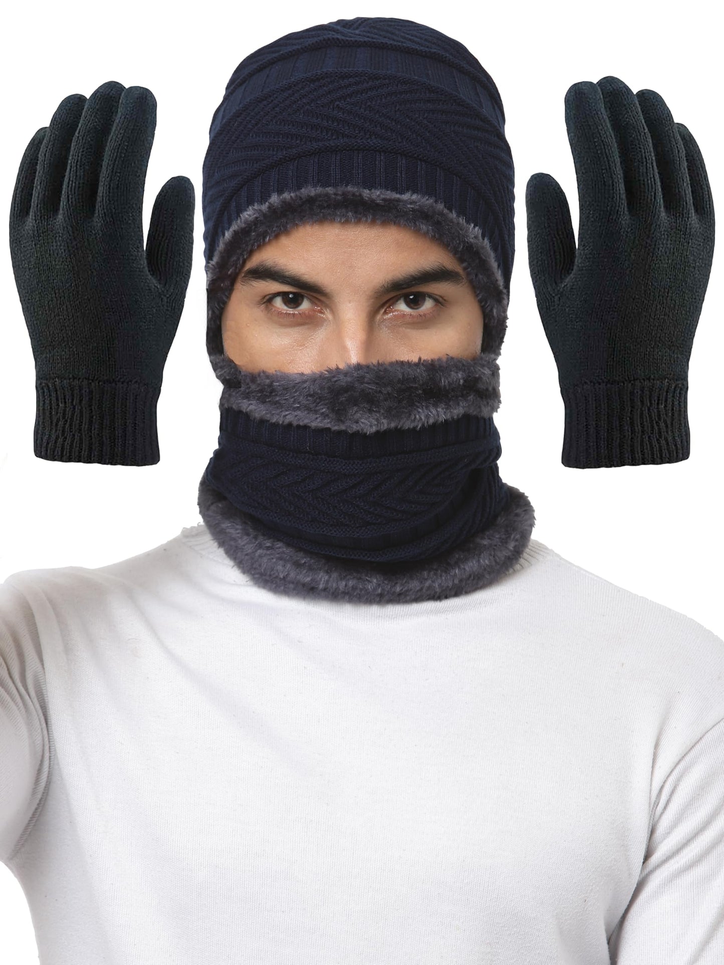 Weavers Villa Snow Proof Inside Fur Acro Unisex Beanie Cap with Neck Warmer & Woollen Gloves Set Knit Hat Thick Fleece Lined Win
