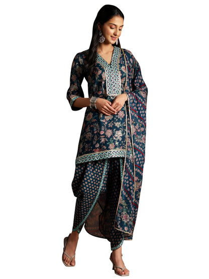 Libas Womens Printed Silk Blend Straight Kurta With Dhoti Pant And Dupatta