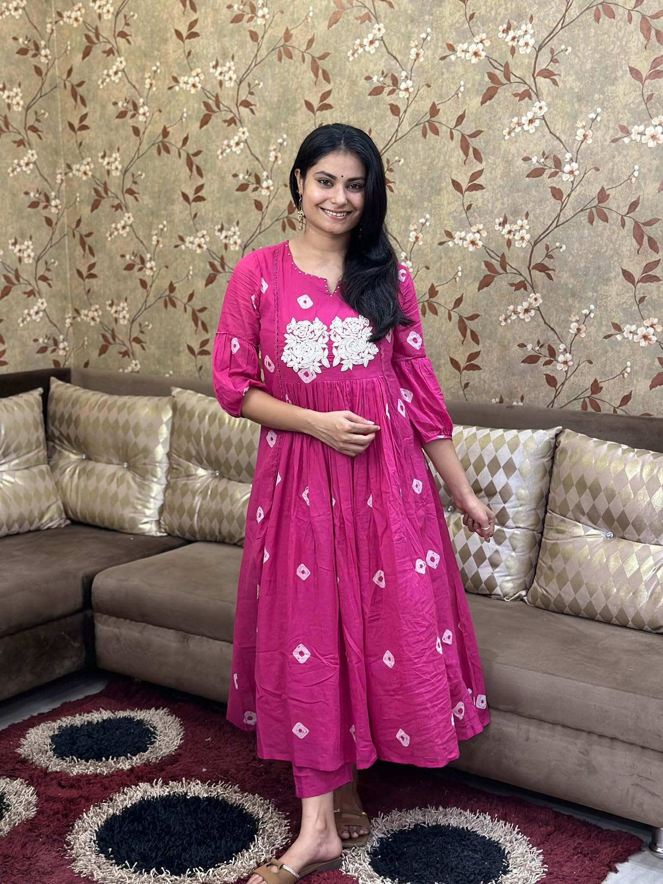 GoSriKi Women's Anarkali Kurta with Pants, Rayon Blend, Size 50, Pink, Model ANVESHI-CLRS-GS