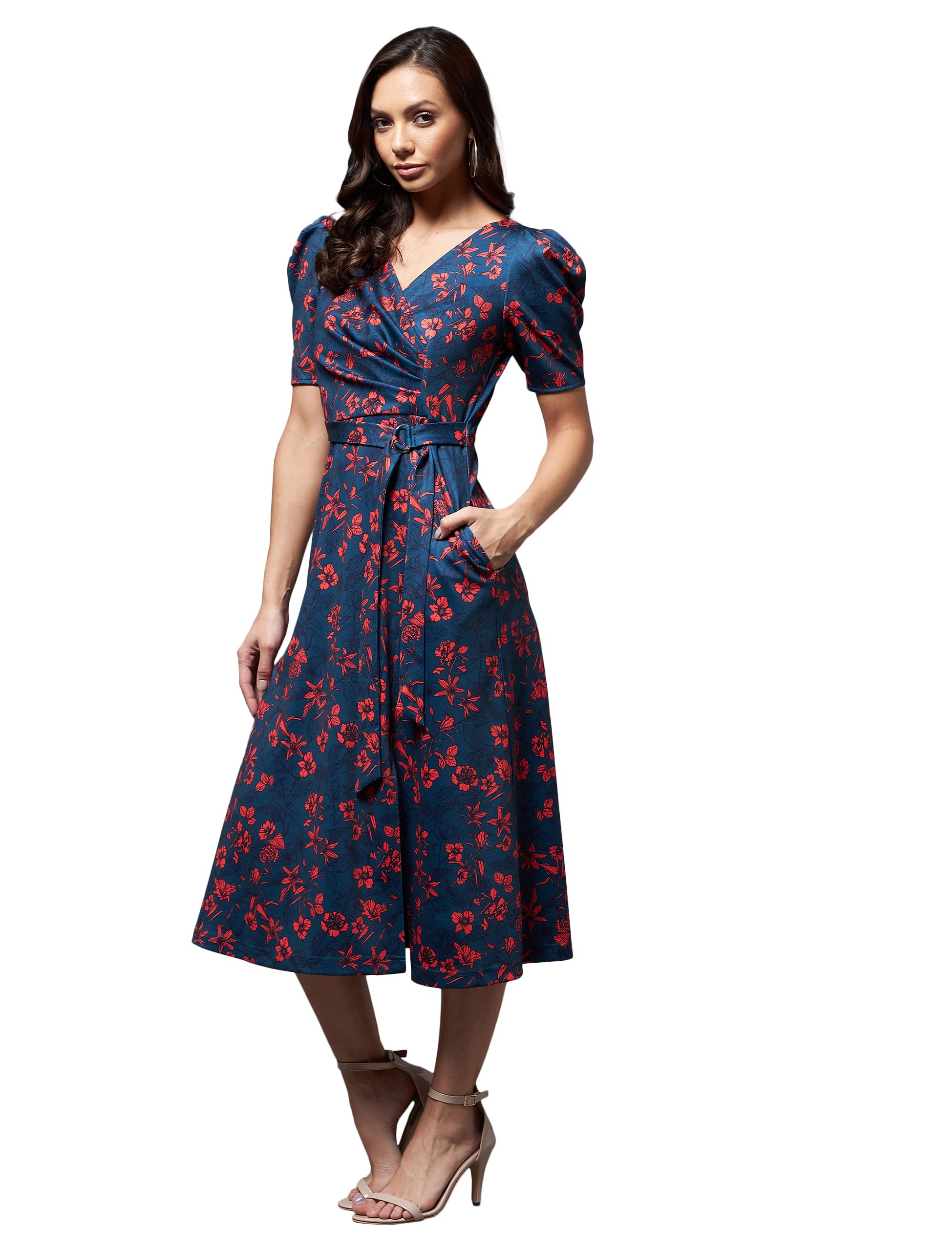 Miss Chase WomenS Multicolored-Base-Teal V-Neck Puff Sleeve Floral Wrap Midi Dress (Mcaw21D14-84-232-07, Multicolored-Base-Teal