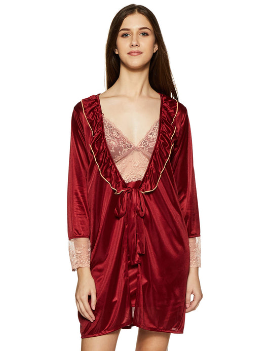 Clovia Womens Satin Mid Thigh Length Sleeveless,V-Neck Regular Sleepwear (NS0799P09_S_Red_Small)