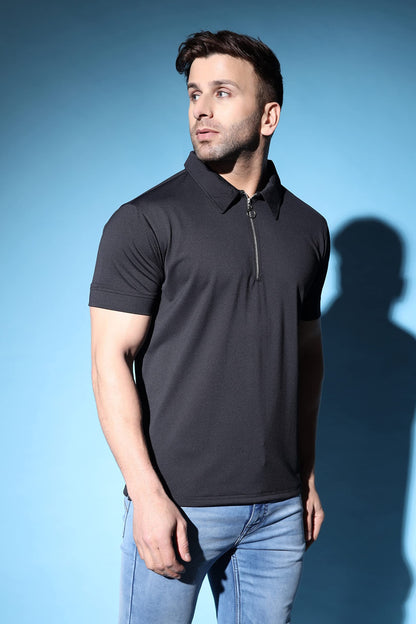 Leriya Fashion MenS T-Shirt | Cotton & Polyester Solid Varsity Inspired Regular Fit T-Shirt For Boys | Polo-Neck With Zip | Per