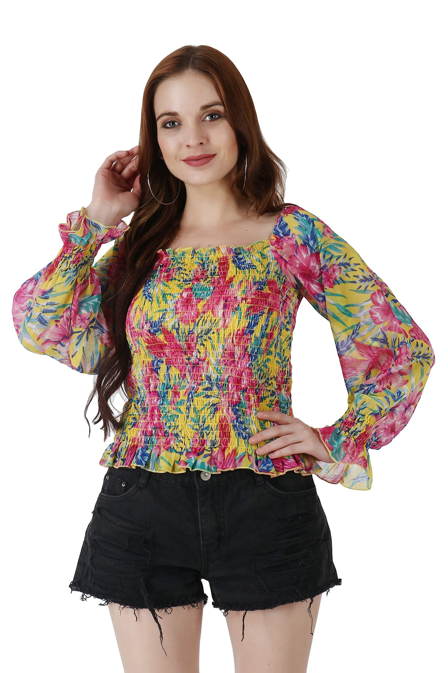 POPWINGS Casual Floral Print Chiffon Regular Fit Tops for Women || Full Sleeves Summer Tops for Women || Square Neck Smocking Pa