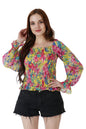 POPWINGS Casual Floral Print Chiffon Regular Fit Tops for Women || Full Sleeves Summer Tops for Women || Square Neck Smocking Pa