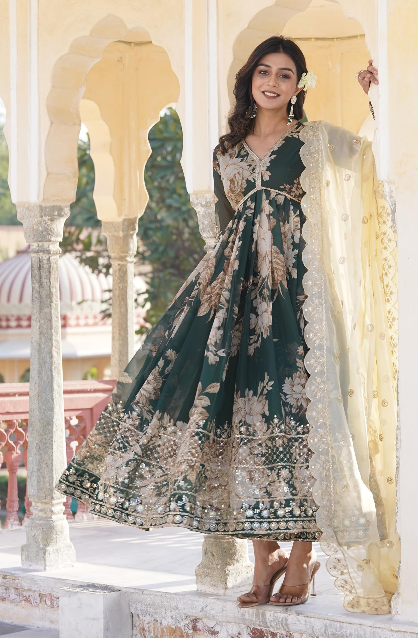 Fashion Basket Havy Silk Printed Anarkali Kurta Set For Women Green