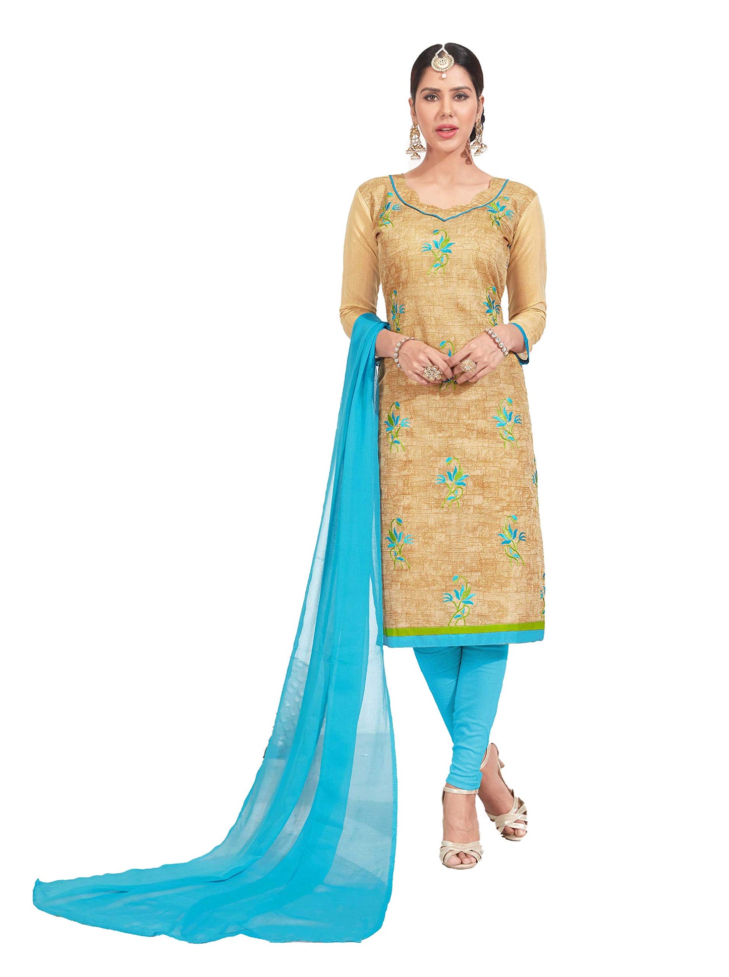 ANNI DESIGNER Womens Beige Color Chanderi Embroidered Churidar Dress Material(Intercity 1001_Beige_Free Size)