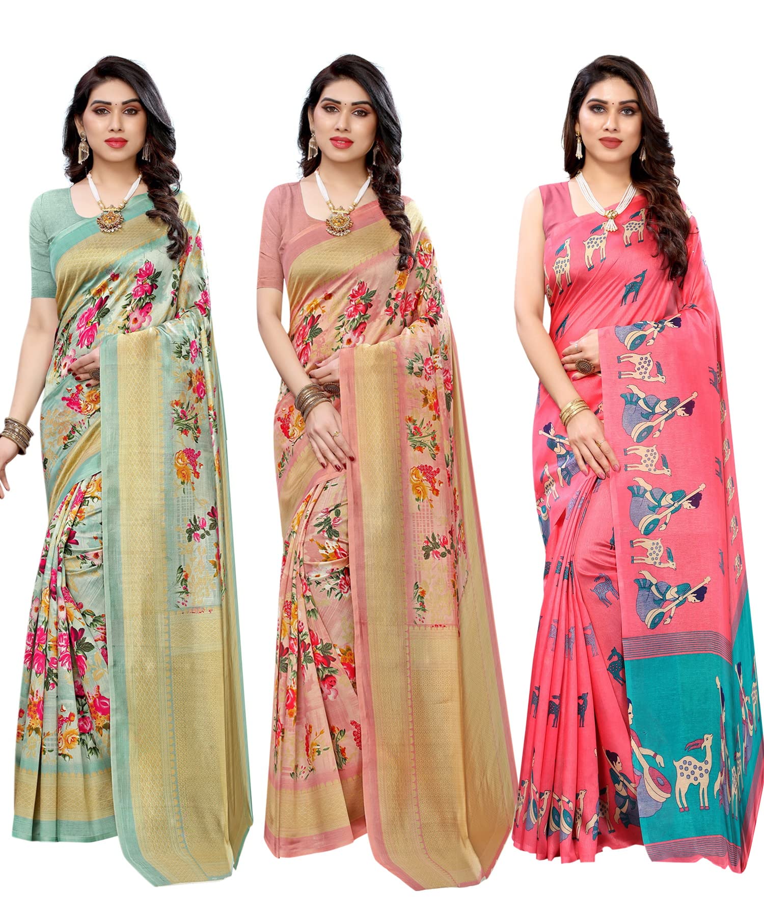 Yashika Womens Combo Art Silk Saree with Blouse Piece-Pack of 3 Light Green-AIR Peach-MAITHALI Pink Multicolor-02