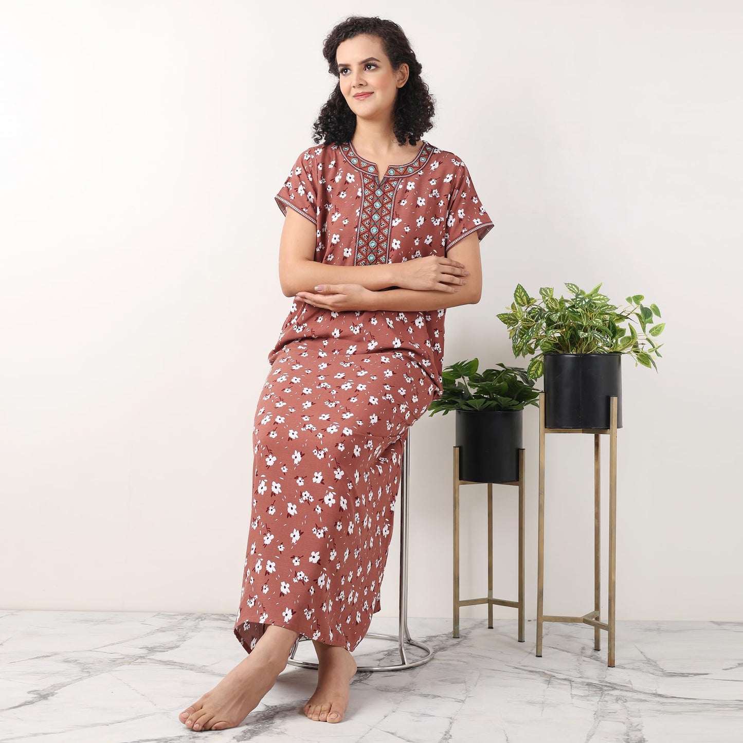 Evolove WomenS 100% Rayon Supersoft With Beautiful Embroidery Long Maxi Night Gown Nighty Dress With Pocket, Most Comfortable A