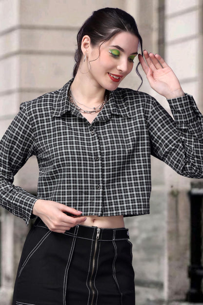 POPWINGS Casual Pure Cotton Checks Crop Shirt for Women | Stylish Western Full Sleeves