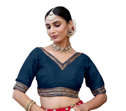 Pujia Mills WomenS Milan Silk Readymade Wine Blouse Half Sleeves Embroidery Aari Work Saree Choli