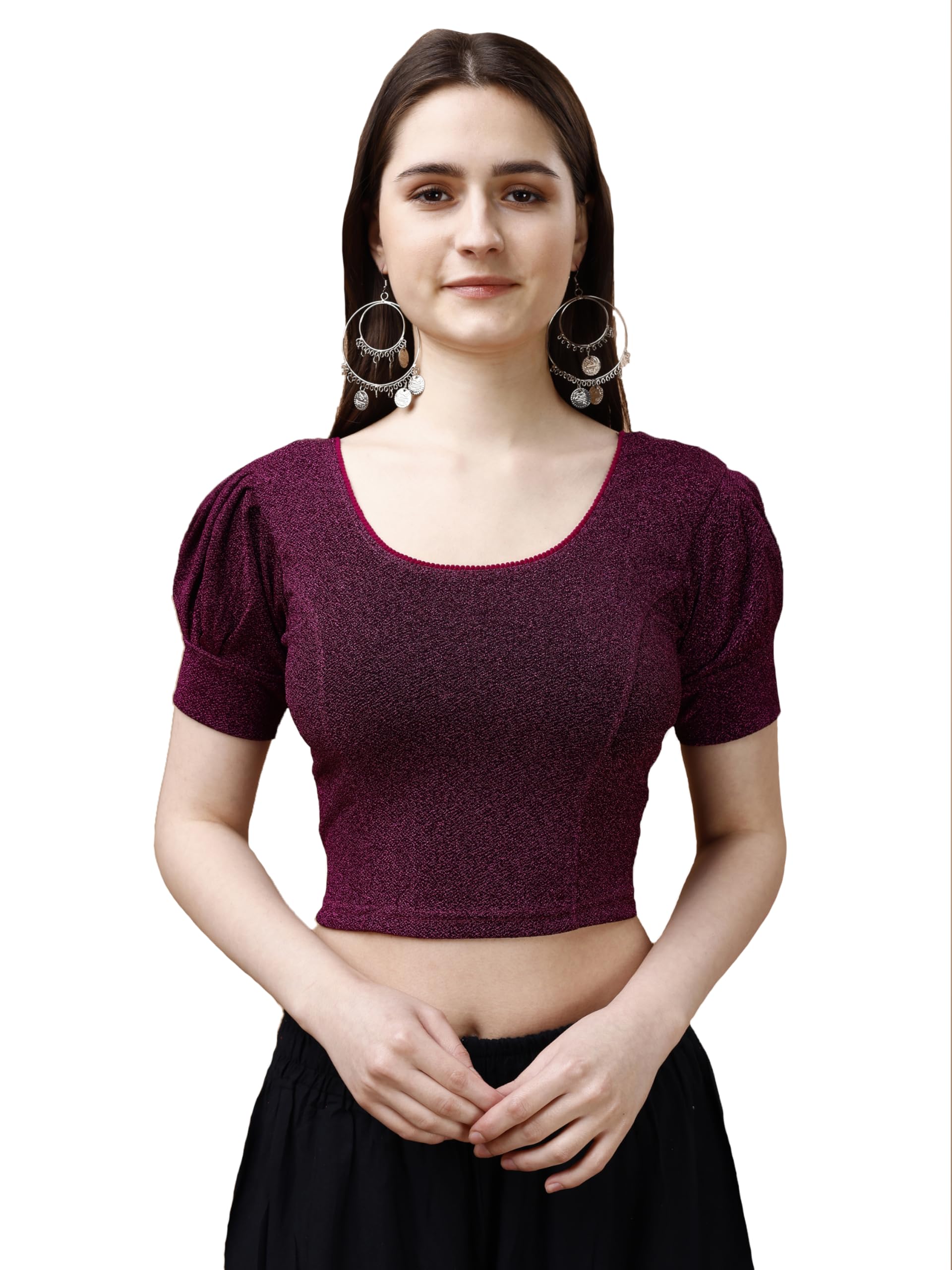 Pujia Mills WomenS Readymade Shining Lycra Stretchable Round Neck Half Puff Sleeve Blouses Lycra Stretchable Wine Color Blouse