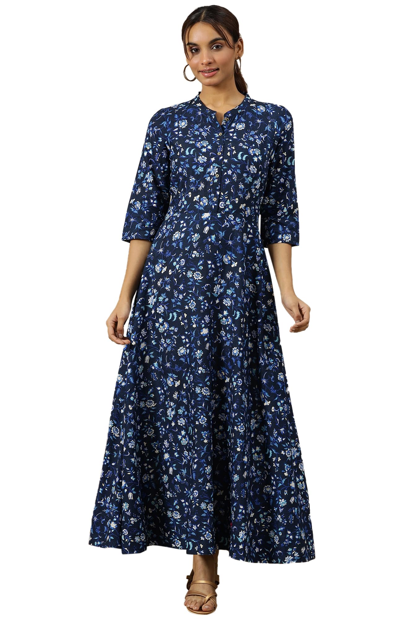 Aurelia Ensign Blue Floral Printed Flared Pure Cotton Dress in Mandarin Collar (Size: S)-24AUA15402-508548