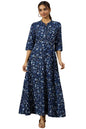 Aurelia Ensign Blue Floral Printed Flared Pure Cotton Dress in Mandarin Collar (Size: S)-24AUA15402-508548