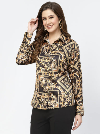 POPWINGS Printed Full-Sleeves Regular-Fit Satin Printed Shirt for Women Stylish Western Casual Wear Black Golden