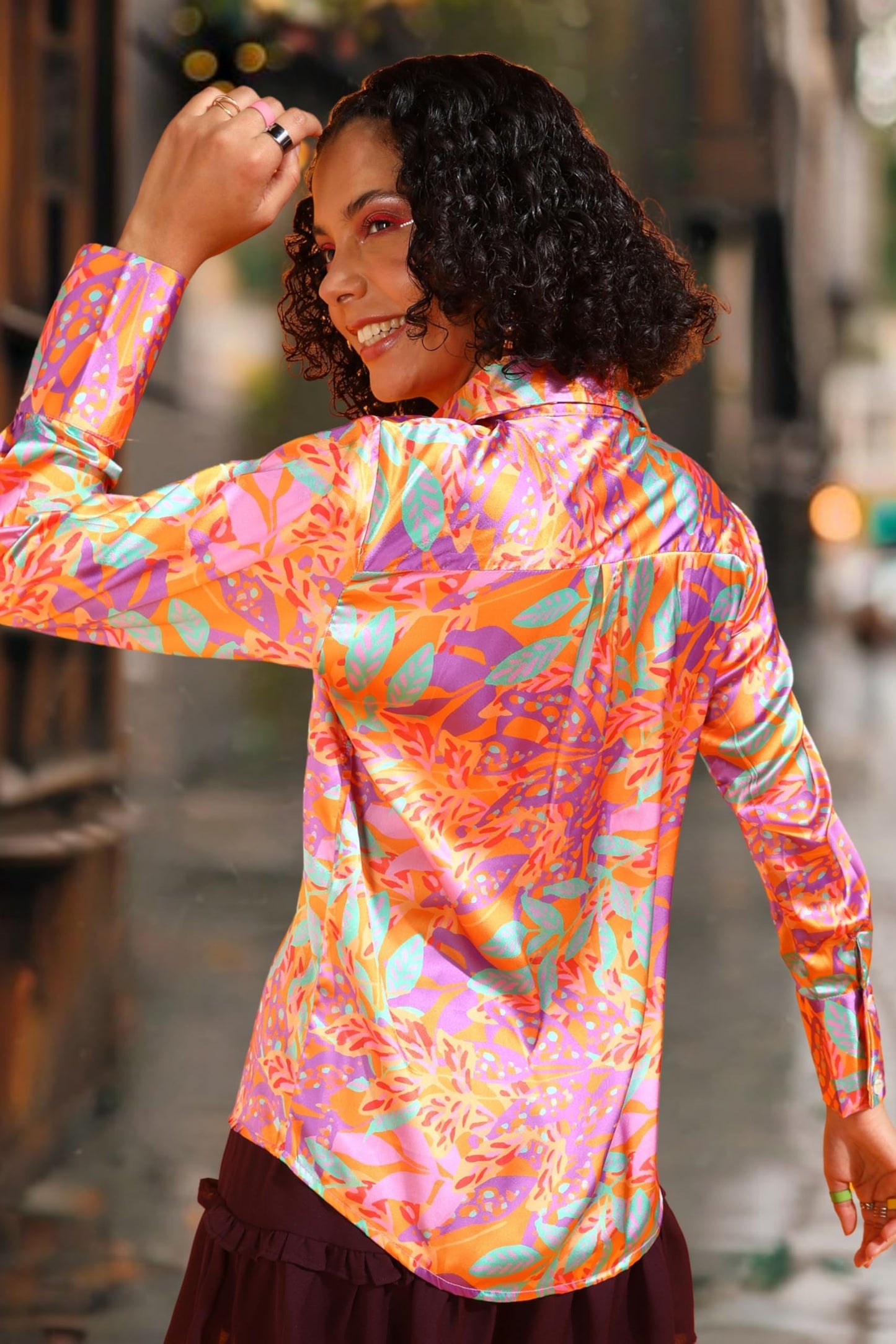 POPWINGS Printed Full-Sleeves Regular-Fit Satin Printed Shirt for Women Stylish Western Casual Wear Multicolour