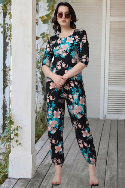 POPWINGS Casual Printed Top and Joggers Set for Women || Stylish Summer Co-Ords Set for Women || Round-Neck Top and Joggers Comb
