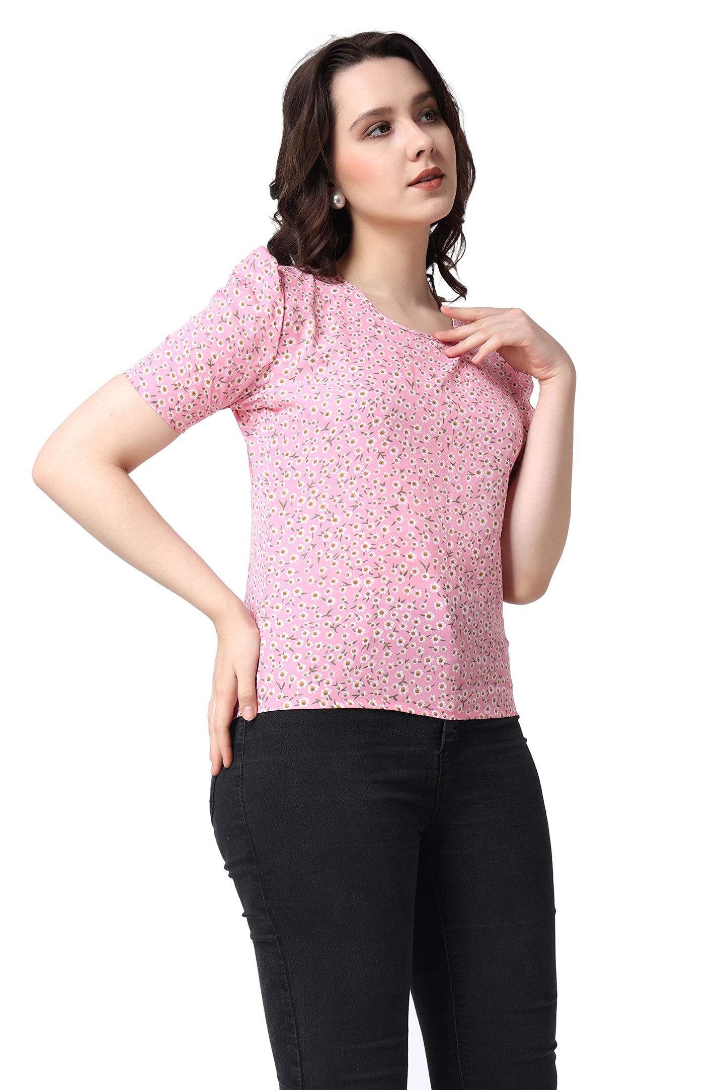 POPWINGS Casual Printed Puff Sleeves Round Neck Top for Women || Stylish Latest Summer Tops for Women || Hip-Length Women Top Li