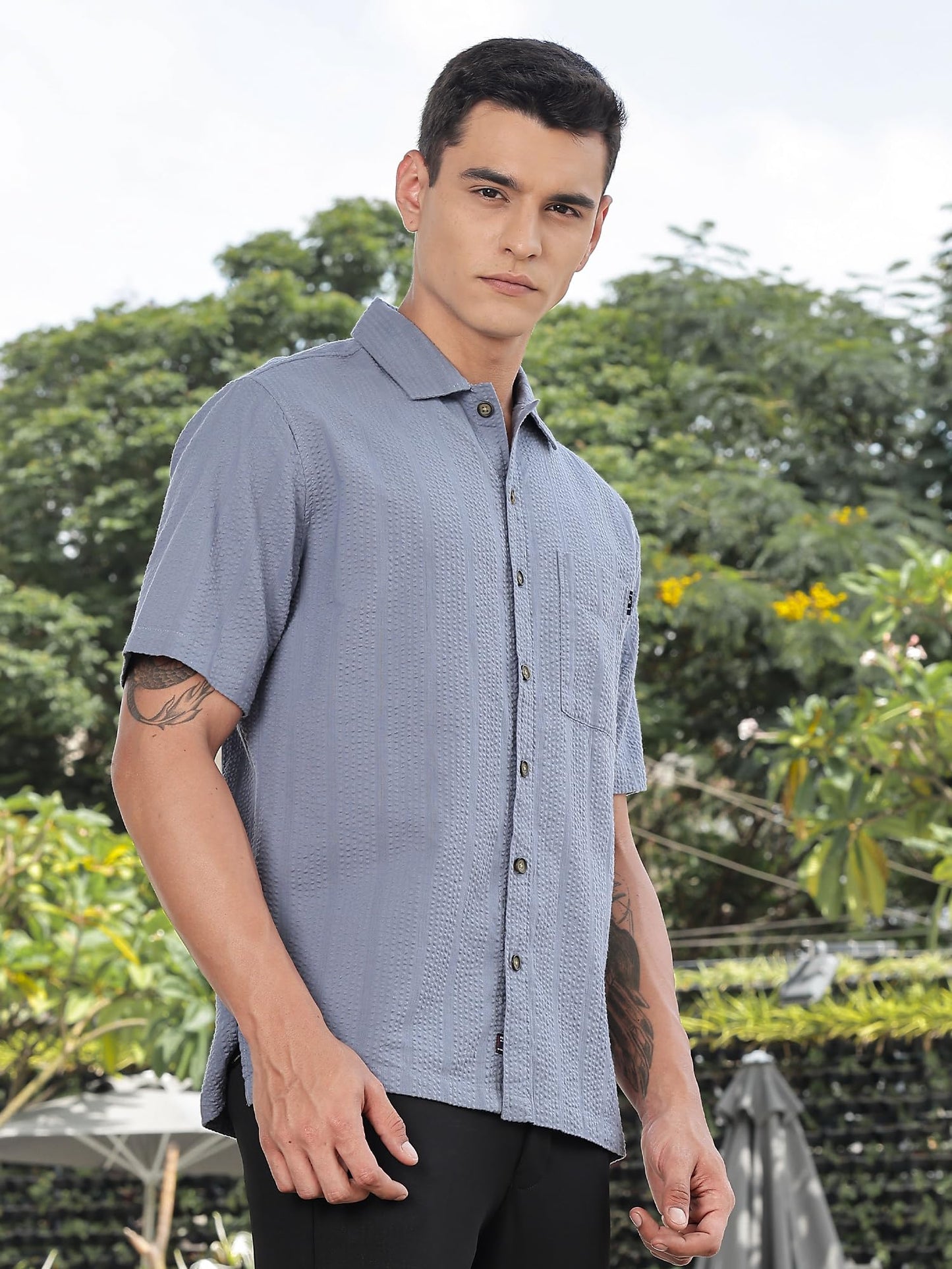 Thomas Scott Mens | Stripes | Seer Sucker Fabric | Spread Collar | Half Sleeve | Casual | Shirts for Men Mid Blue