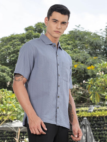 Thomas Scott Mens | Stripes | Seer Sucker Fabric | Spread Collar | Half Sleeve | Casual | Shirts for Men Mid Blue
