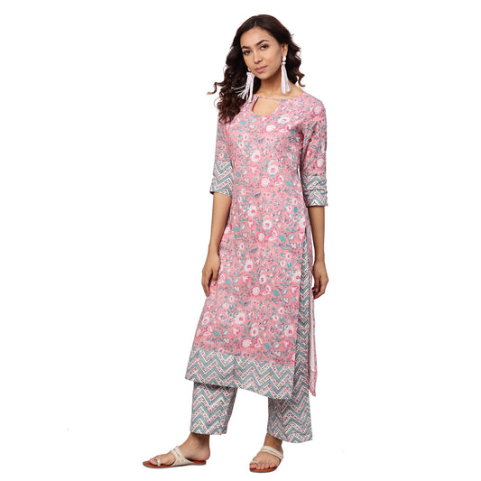 idaLia Women's Floral Print Cotton Kurta With Printed Turqoise Palazzo Pants