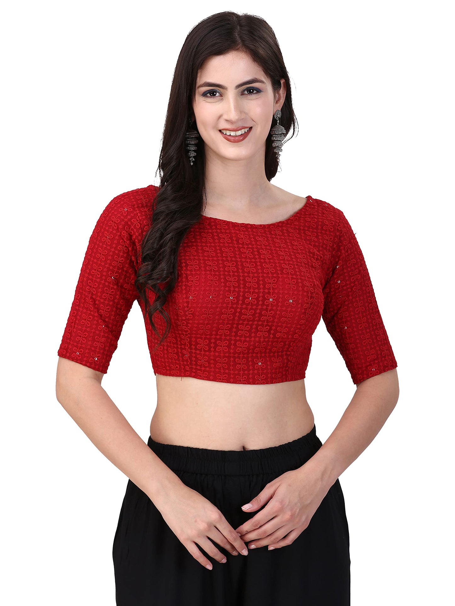Oomph! Traditional Cotton Schiffli Fabric Blouse For Women |Elbow Length Sleeves | Wedding & Festival Wear | Comfortable & Trend
