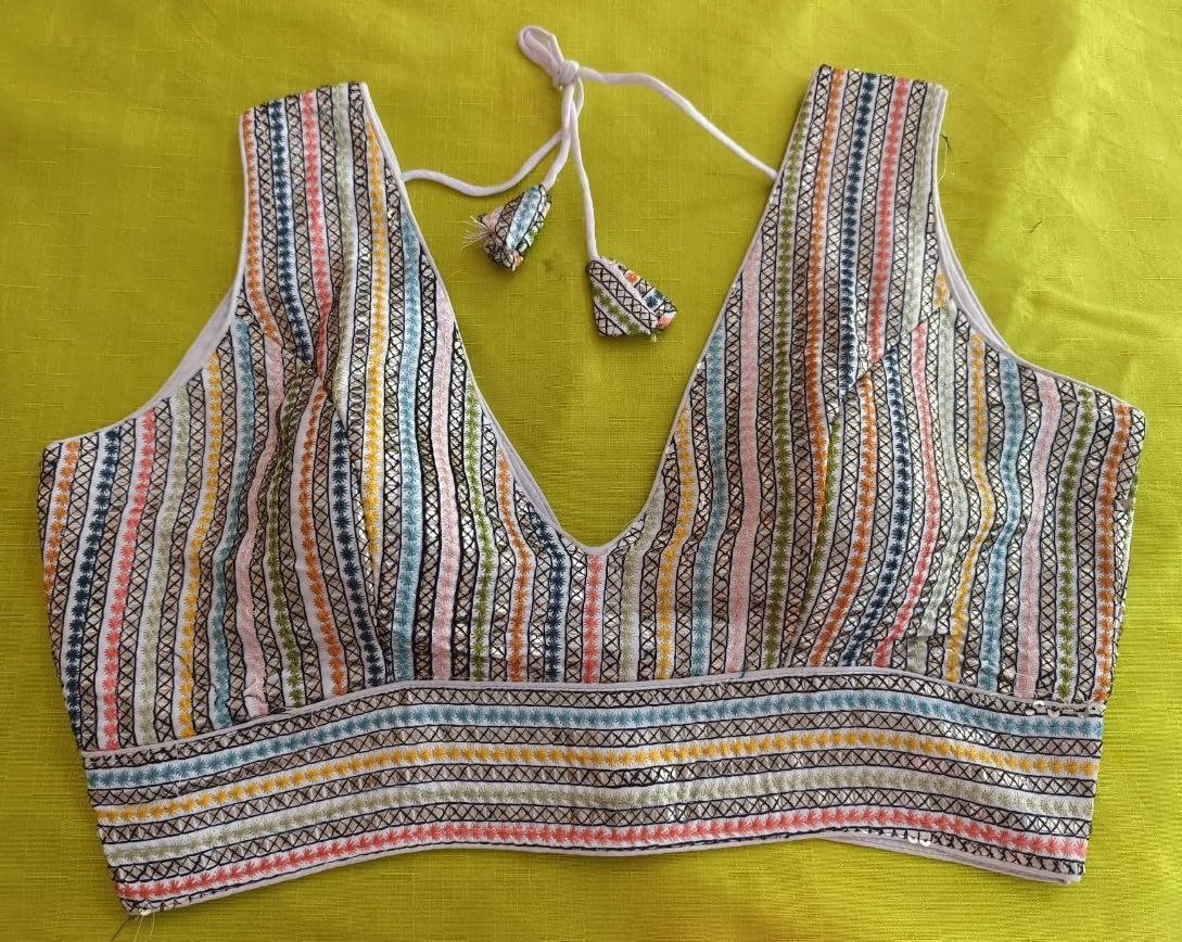 Pujia Mills Womens Sleeveless Readymade sabyasachi Pattern V Neck Blouse Embroidery Work with Sequence Blouse Indian Ethnic wea