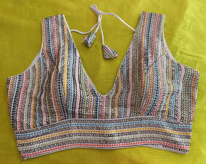 Pujia Mills Womens Sleeveless Readymade sabyasachi Pattern V Neck Blouse Embroidery Work with Sequence Blouse Indian Ethnic wea