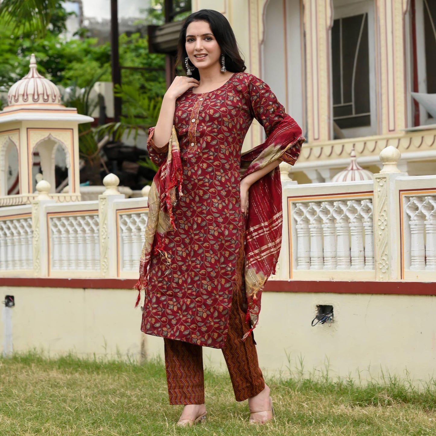 Lookmark WomenS Embroidered Cotton Straight Kurta Set With Pants & Dupatta - Elevate Your Style With This Exquisite Ensemble (A
