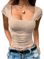 Sugathari Girls & Womens Beige Eyelet Embroidery Knitted Square Neck Casual Slim Fit Women T-Shirt, Short Sleeve Schiffli Crop