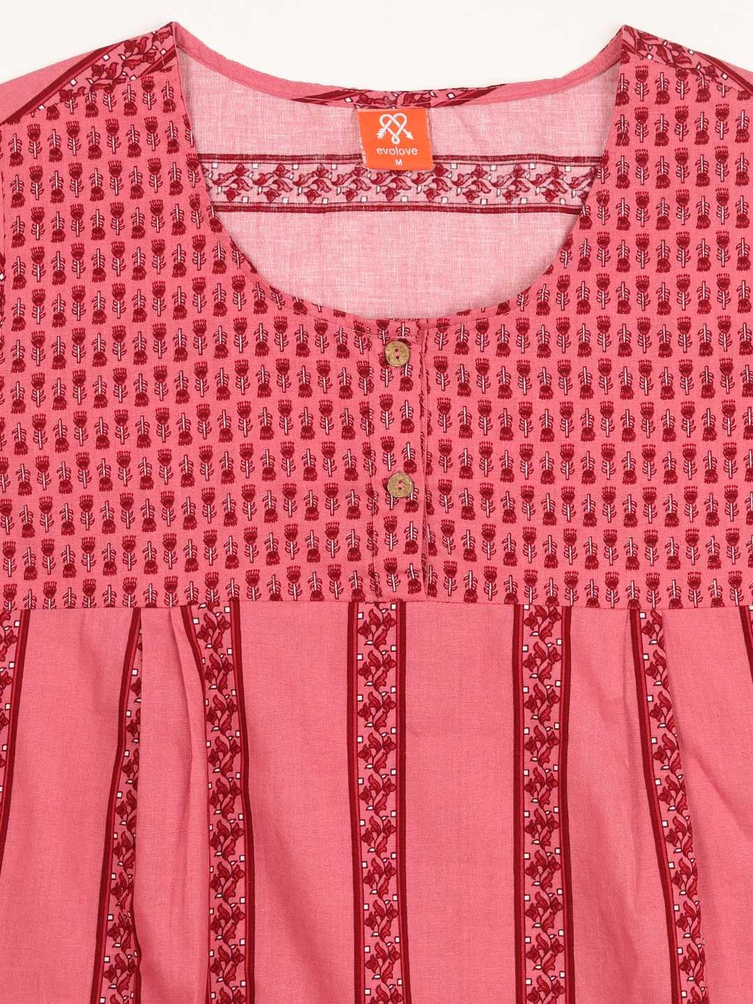 Evolove WomenS Cotton Long Maxi Night Gown Nighty Dress With Pocket & Stylish Button, Super Soft Comfortable (Pink & Red, Lngco