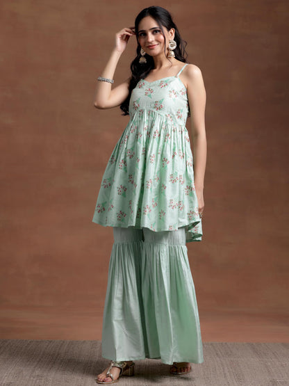 Libas Sea Green Printed Silk Blend A-Line Kurta With Sharara