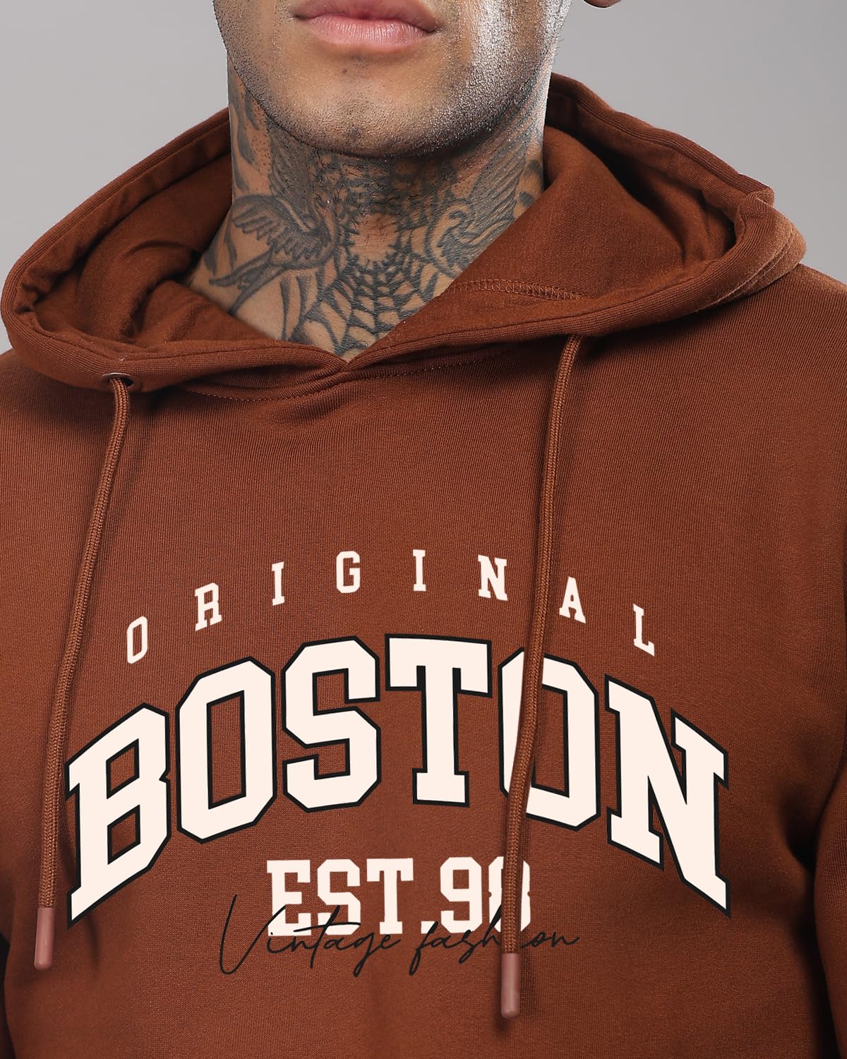 ADRO Men's Cotton Neck Hooded Sweatshirt (H24-BOST-BR_Downtown Brown