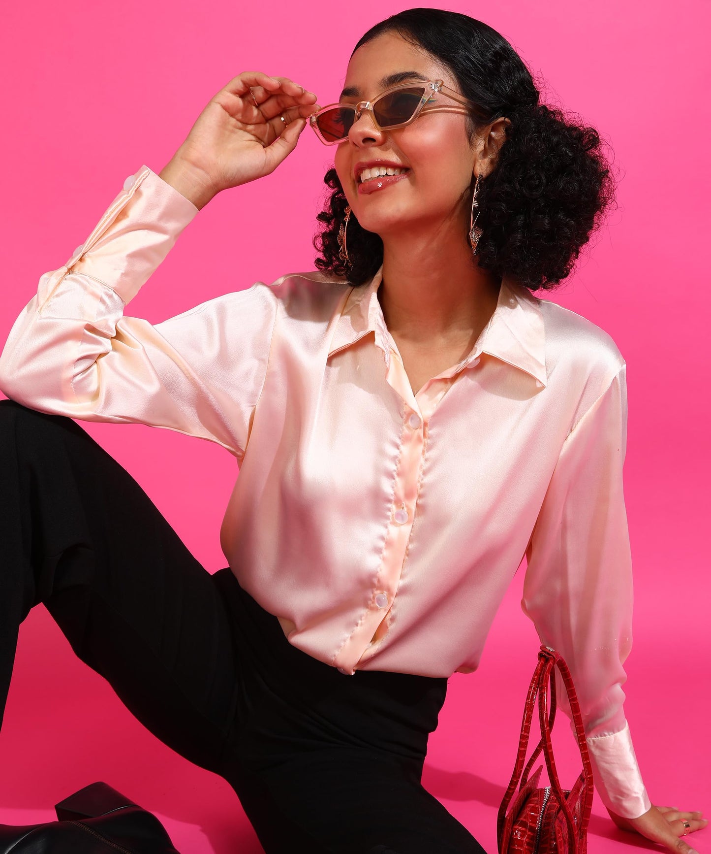 POPWINGS Women Polyester Solid Satin Shirt | Satin Shirts Stylish Western| Regular Fit and Full-Sleeves Casual and Semi-Formal S