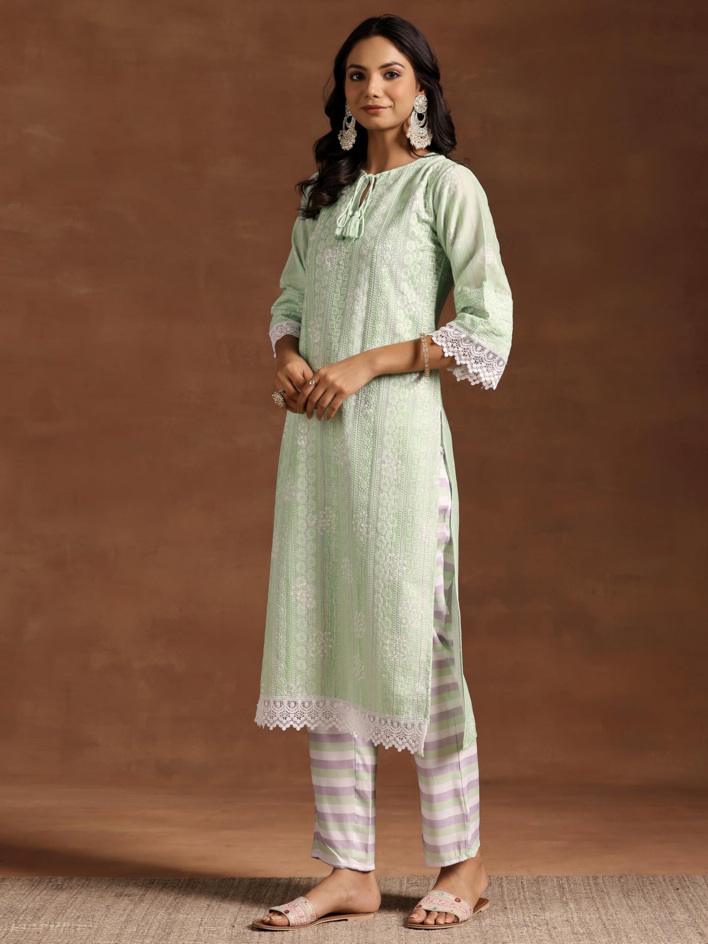 Libas Womens Embroidered Cotton Blend Straight Kurta With Palazzos And Dupatta