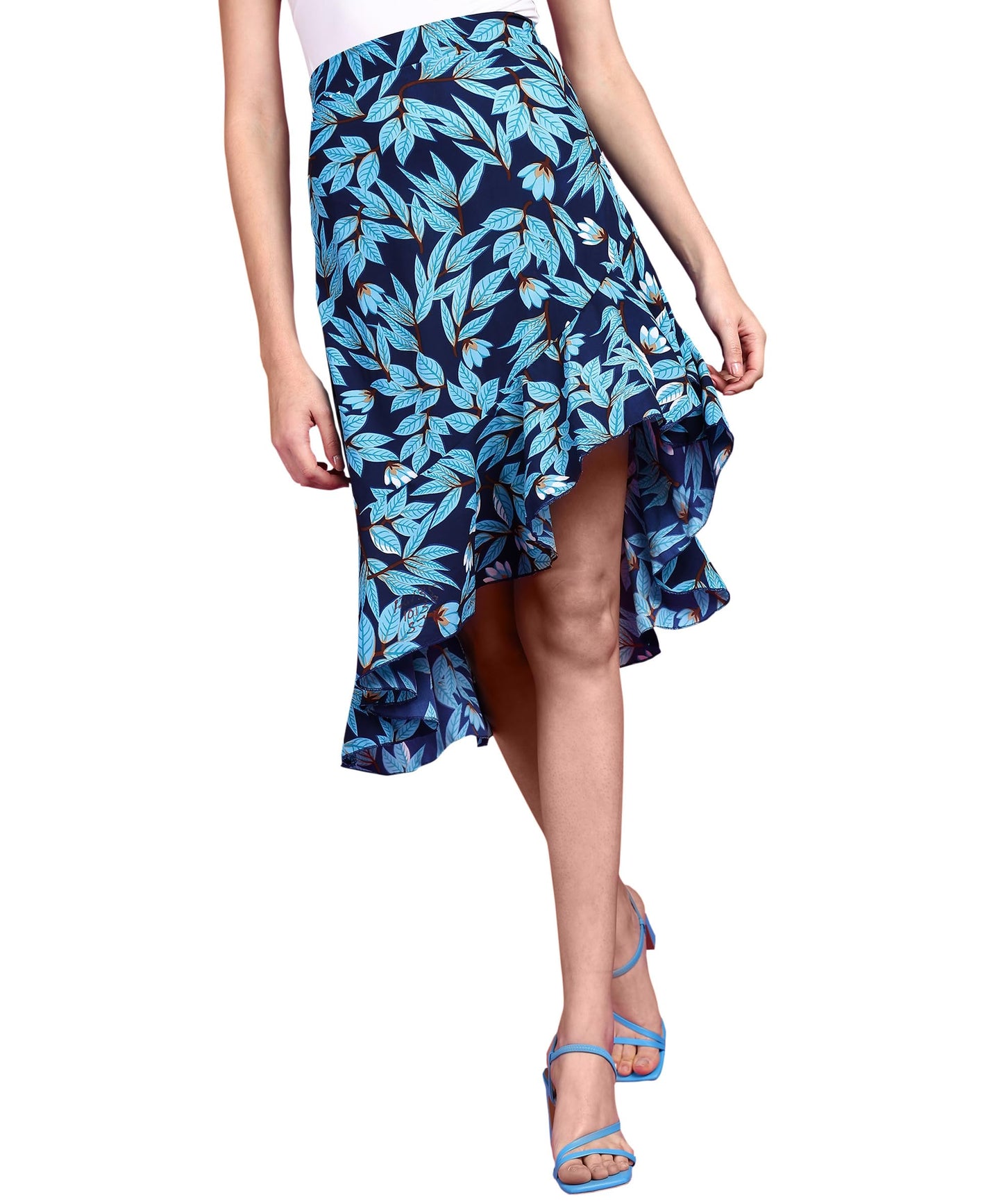 POPWINGS Casual Floral Printed Asymmetric Flare Skirt for Women || Latest Stylish Knee-Length Flare Women Skirt Trendy Western R