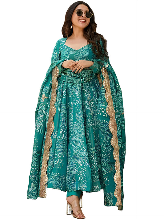 Pinkmint Womens Bandhani Print Flared Anarkali Muslin Kurta Set with Pant & Stylish Dupatta Ethnic Long Sleeve Dress Suit Set T