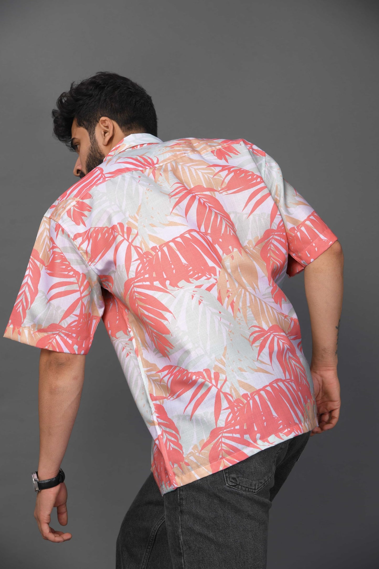 Brown Culture MenS Cotton Blend Leaf Print Shirt With Spread Collared Half Sleeves Standard Length And Button Down Closure Type