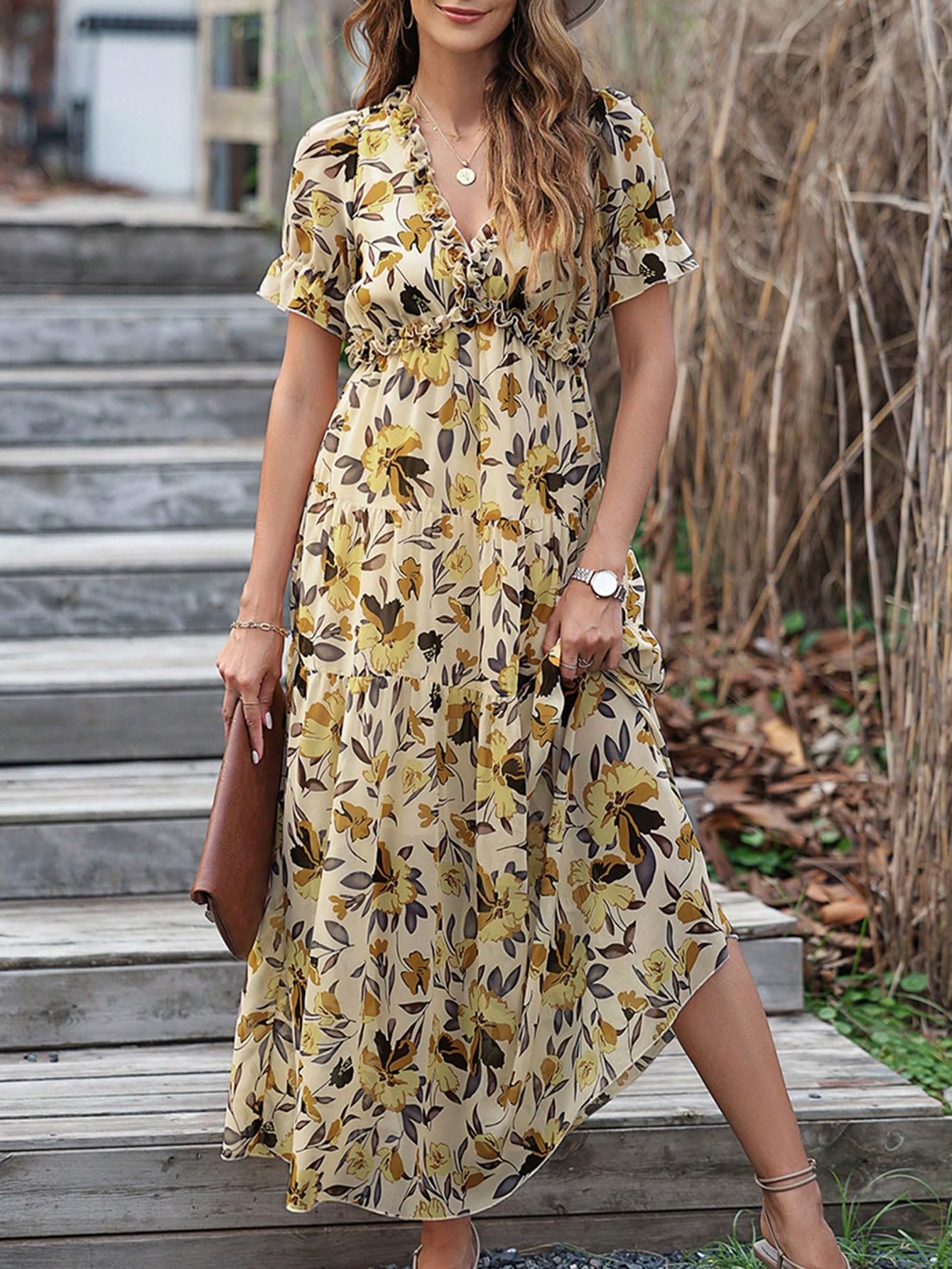 Shasmi Womens Casual Yellow Floral Printed Ruched V Neck Short Flutter Sleeve Lapel Tie Waist Split Long One Pic Western Party