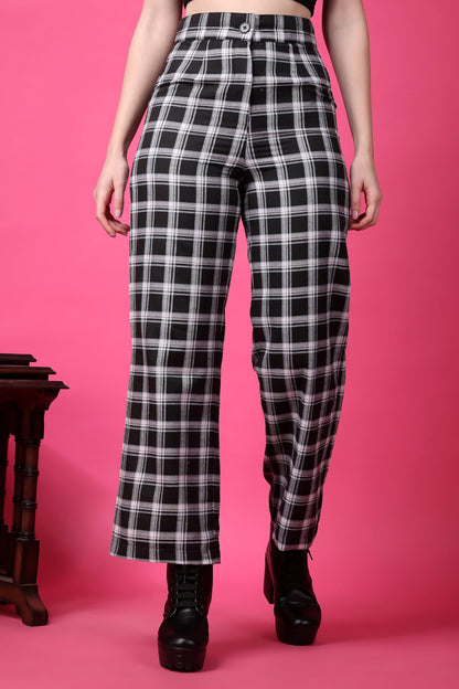 POPWINGS Casual Check Print Button and Zip Closure Trouser for Women | Western Wide-Leg Trouser for Women | Summer Trousers for