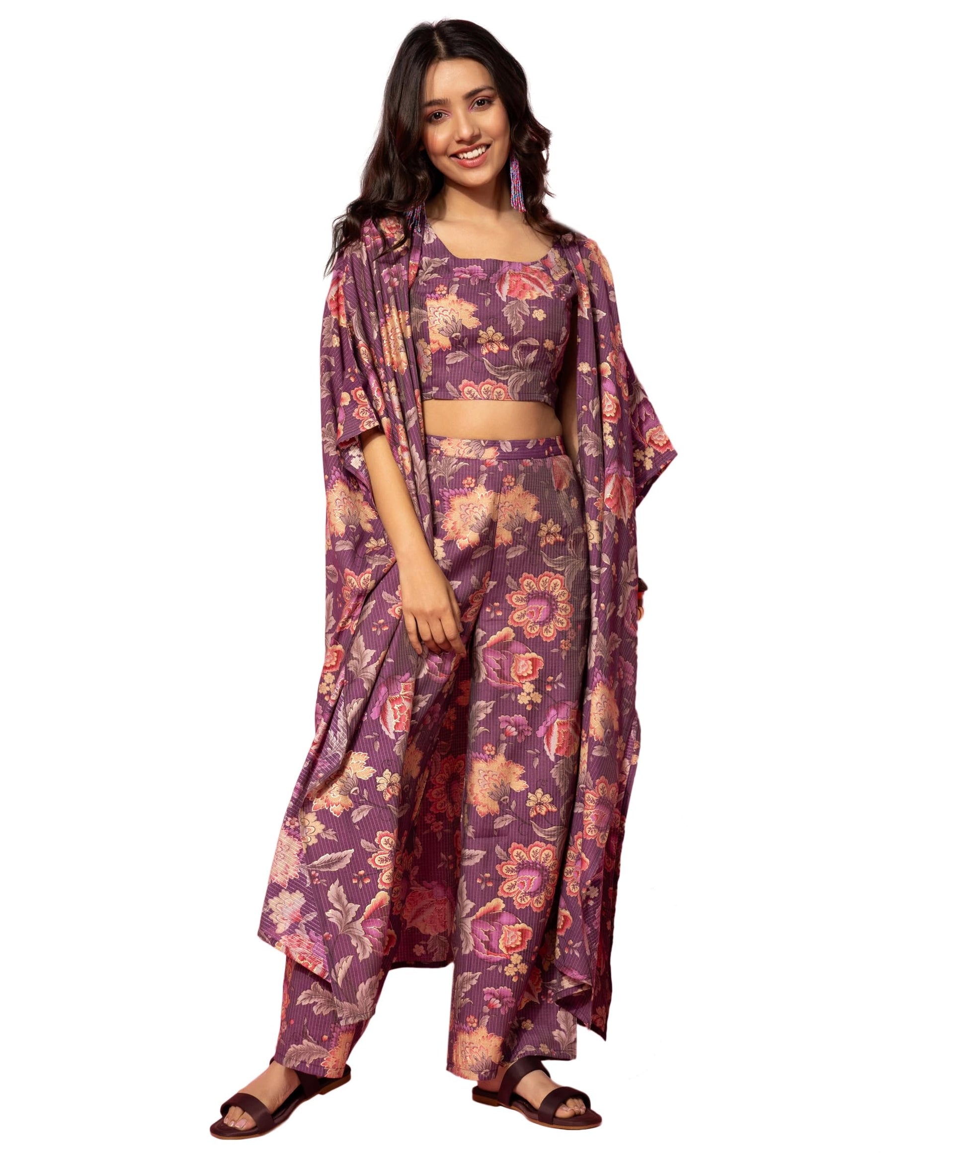 Libas WomenS Burgundy Printed Cotton Blend Co-Ords (Pack Of 3) (35516