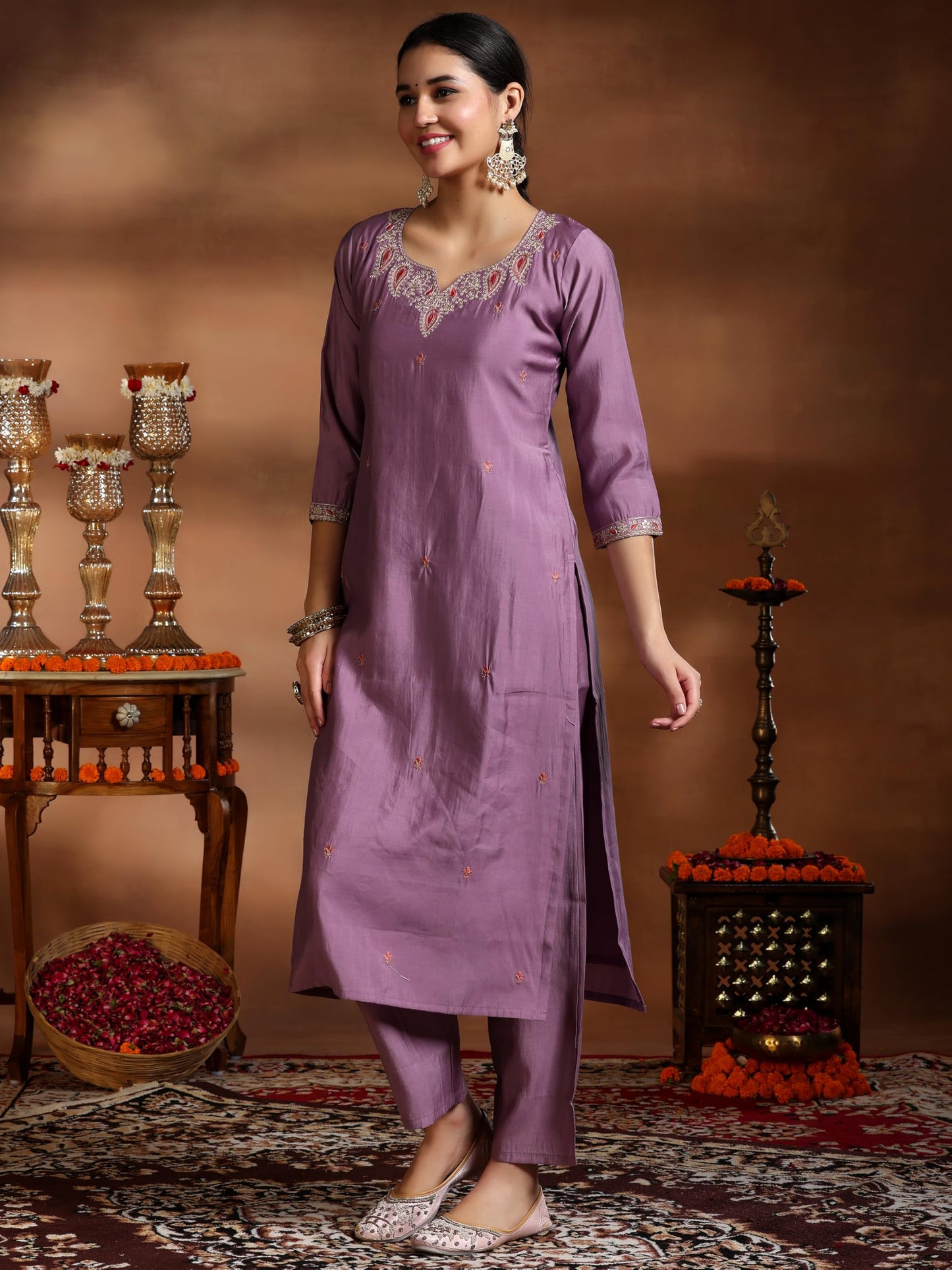 Libas Womens Embroidered Silk Blend Straight Kurta With Palazzos And Dupatta