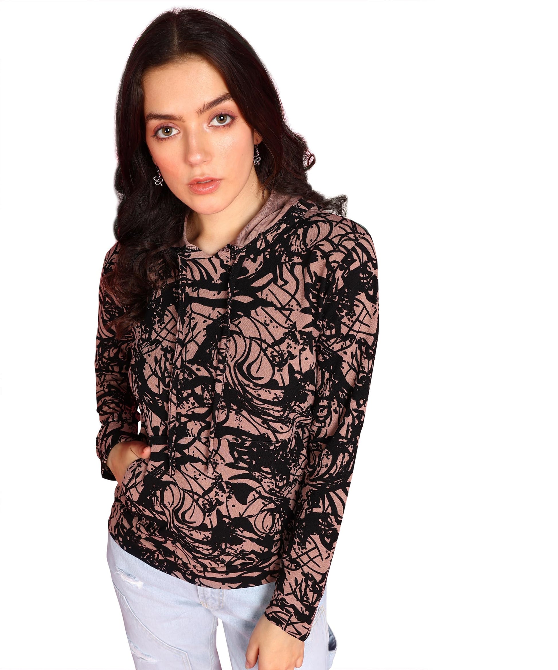POPWINGS Women Casual Chocolate Brown Printed Hooded Sweatshirt With Pocket | Winter Wear | Trendy Sweatshirts