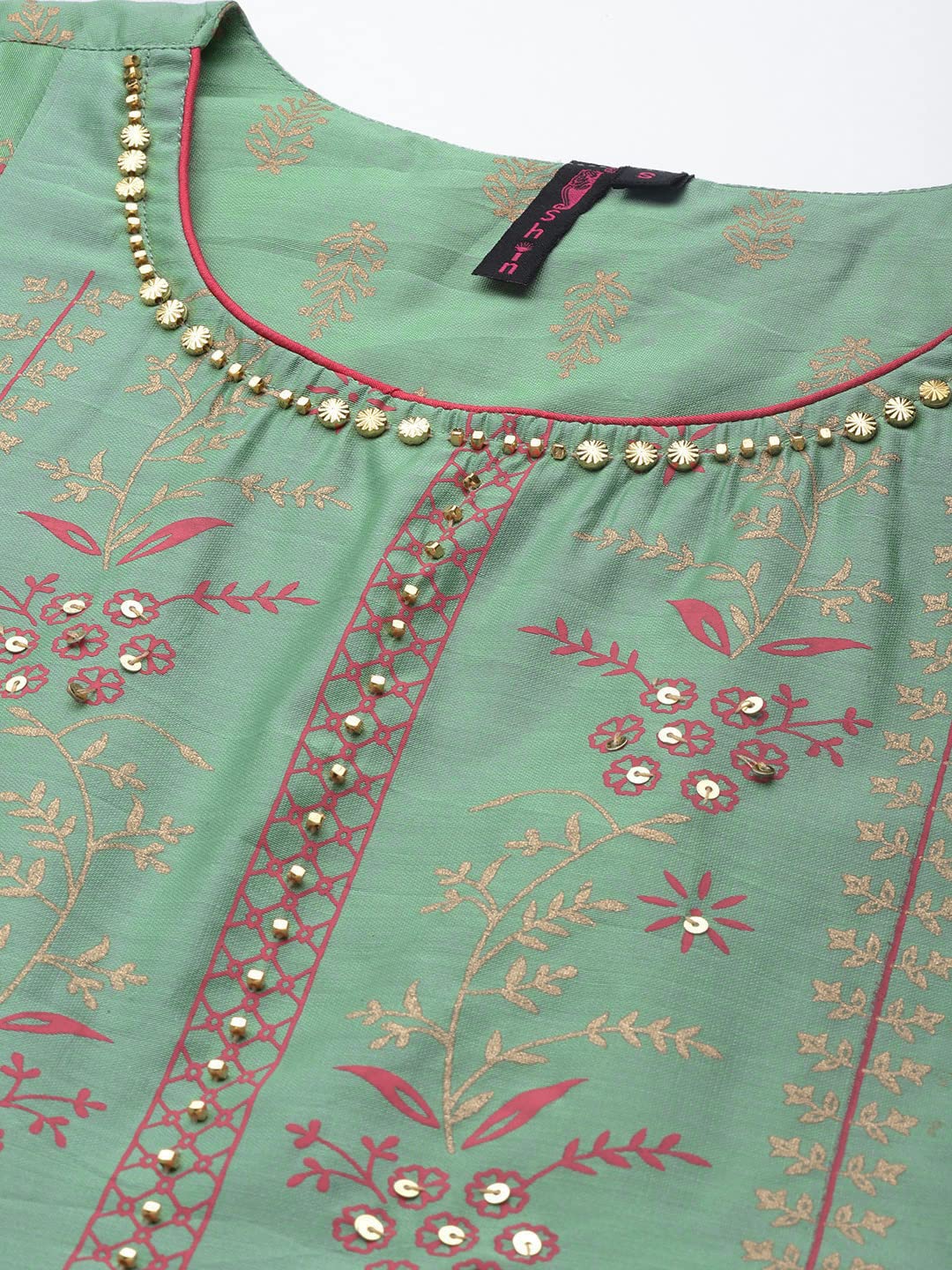 ishin Women's Silk Blend Mint Green Embellished Anarkali Kurta