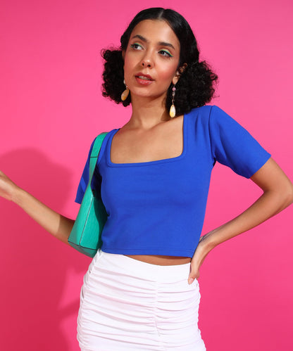 POPWINGS Women Casual Blue Solid Short Sleeve Self Design Crop Top