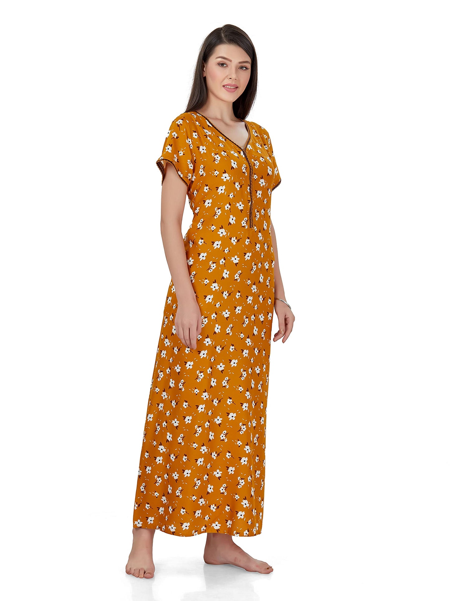 Evolove WomenS Viscose Liva Long Maxi Night Gown Nighty Dress With Pocket & Zipper, Super Soft Comfortable (Mustard & White Flo